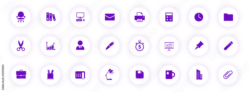 Poster office purple color silhouette icons on light round buttons with purple shadow. office vector icon s