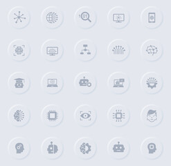 neural network gray glyph icons on round rubber buttons. neural network vector icons for web, mobile apps, ui design and promo business polygraphy