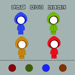 
Find a shadow raincoat. Match   wear with correct shadow.  Preschool worksheet, kids activity worksheet, printable worksheet
