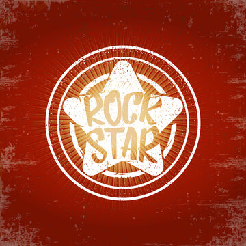 vintage white rock star print isolated on grunge red background. Vector Grunge Rock star emblem,logo and label concept design template for printing on t shirt