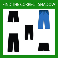 Find correct shadow with clothes, pants.  Kids educational game. 