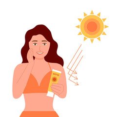 Woman in bikini applying sun protection cream in flat design. Sunscreen UV skin care.