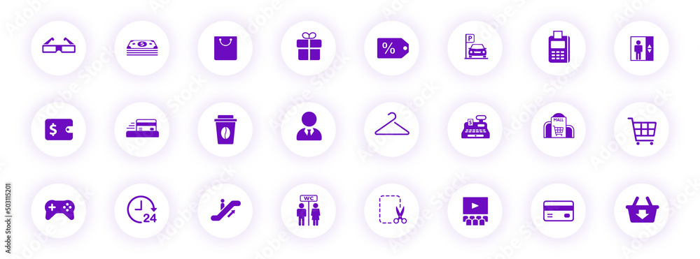 Poster shopping purple color silhouette icons on light round buttons with purple shadow. shopping vector ic