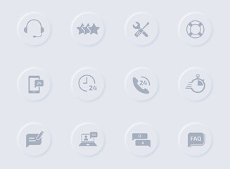 support gray glyph icons on round rubber buttons. support vector icons for web, mobile apps, ui design and promo business polygraphy