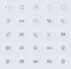 support gray glyph icons on round rubber buttons. support vector icons for web, mobile apps, ui design and promo business polygraphy