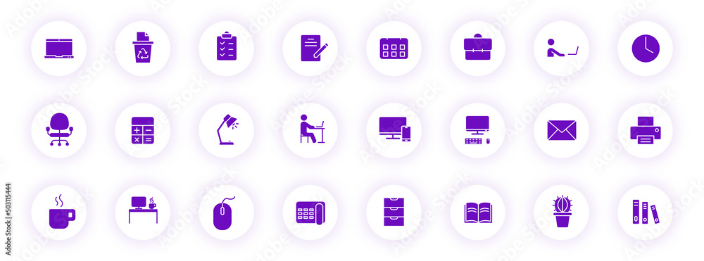 Poster workspace purple color silhouette icons on light round buttons with purple shadow. workspace vector 