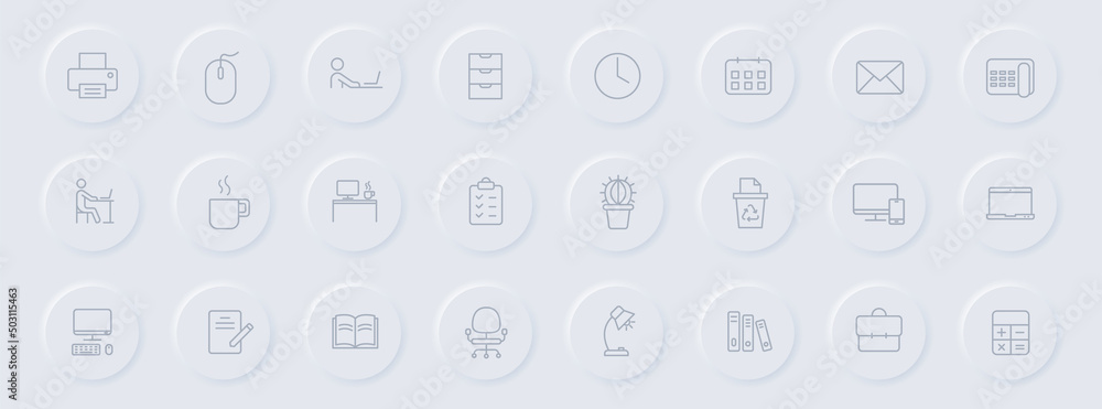 Poster workspace line gray icons on round rubber buttons. workspace icon set for web, mobile apps, ui desig