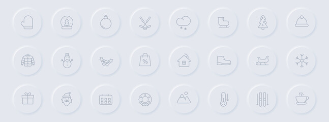 winter line gray icons on round rubber buttons. winter icon set for web, mobile apps, ui design and promo business polygraphy