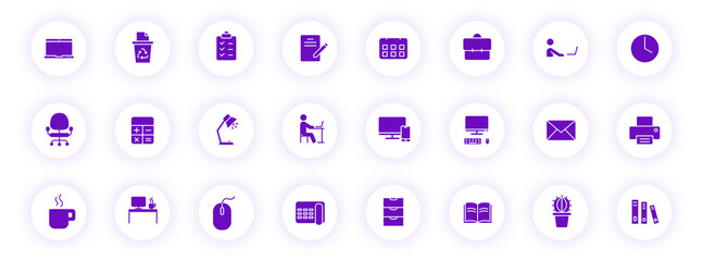 workspace purple color silhouette icons on light round buttons with purple shadow. workspace vector icon set for web, mobile apps, ui design and print