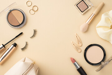 Top view photo of compact powder gold rings contouring palette eyeshadow lipstick false eyelashes...