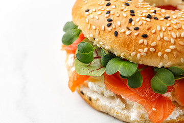 Bagel with salmon, cream cheese and micro greens close up on white background.