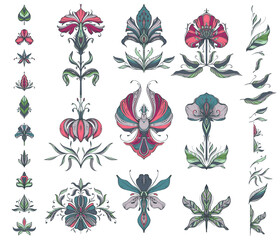 Vector collection of hand drawn floral elements, flowers and leaves.