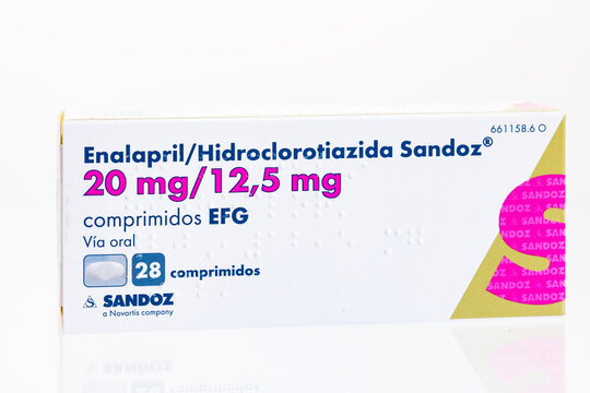 Huelva, Spain - May 07, 2022: Box of a combination of Enalapril Maleate and Hydrochlorothiazide, Treatment of essential hypertension.