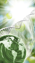  stylized DNA chains and the planet Earth symbolizing global problems. 3d illustration
