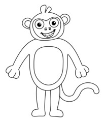 Young child dressed in a smiling monkey costume in black and white to be coloured