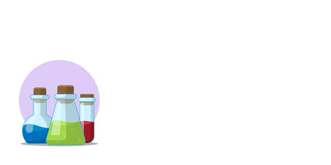 Three flasks against a purple circle on a white background. Banner, vector.