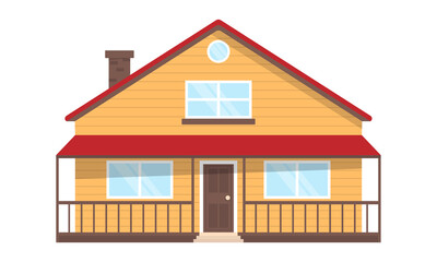 Two-story orange house with a red roof and a terrace. Icon, vector style, flat style