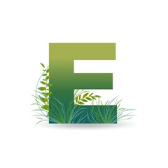 Letter E in eco style with leaves, twigs and grass. For logo, icon, banner etc. Vector.