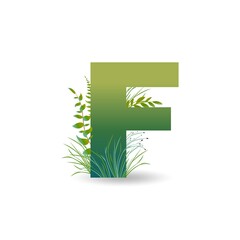 Letter F in eco style with leaves, twigs and grass. For logo, icon, banner etc. Vector.