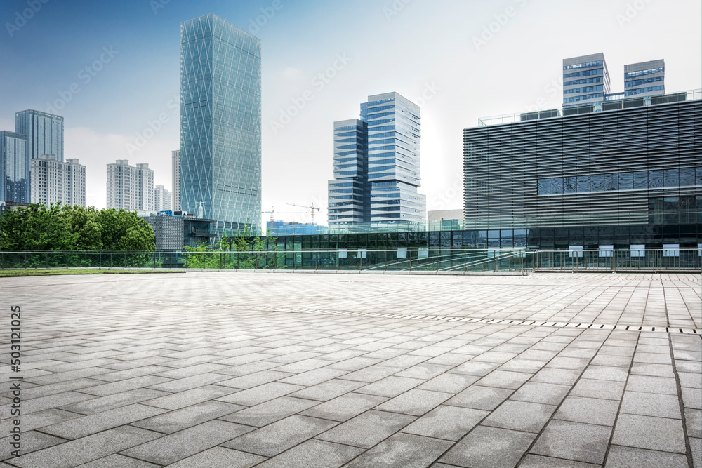 Aufkleber panoramic skyline and buildings with empty concrete square floor