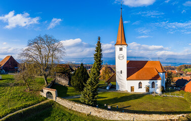 Fototapeta na wymiar Church of Oberwil bei Büren from the air Switzerland