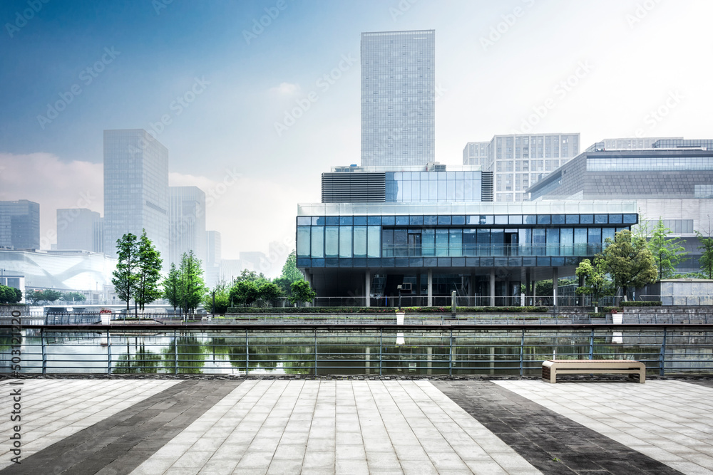 Poster panoramic skyline and buildings with empty concrete square floor