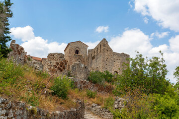 Stone ruins buildings at mystras town, Peloponnese, Greece