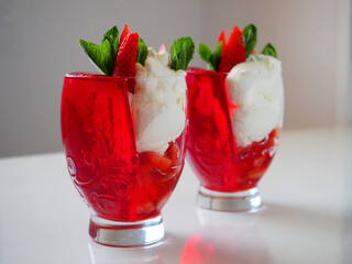 Dessert in a glass of strawberries and cream
