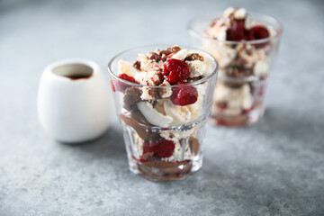 Homemade meringue dessert with raspberry and chocolate