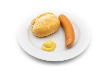 Bockwurst mit Brötchen und Senf auf Teller