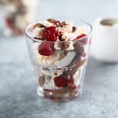 Homemade meringue dessert with raspberry and chocolate