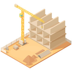 house construction with crane and construction equipment, vector isometric illustration