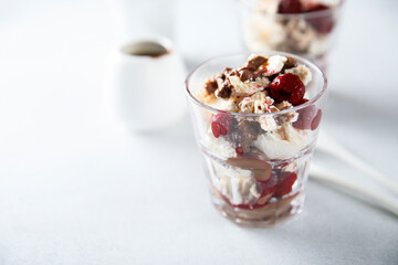 Homemade meringue dessert with raspberry and chocolate
