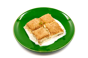 Cold baklava. Baklava with milk isolated on a white background. Mediterranean cuisine delicacies. Close-up. Local name soguk baklava