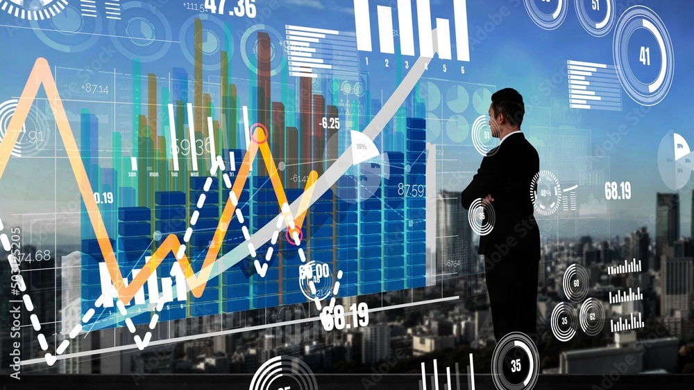 Poster double exposure image of business and finance conceptual - businessman with report chart up forward 