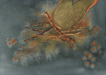 put out the campfire embers, watercolor illustration