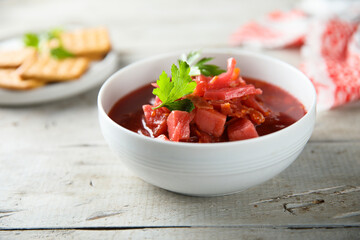 Traditional homemade beetroot soup with fresh parsley