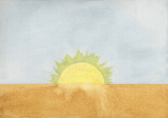 bright yellow sun on the horizon, watercolor illustration