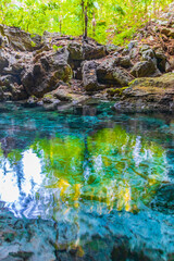 Fototapeta na wymiar Blue turquoise water limestone cave sinkhole cenote in Chemuyil Mexico.