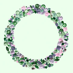 Artistic Gems Gemstones circle springtime composition. Creative layout made of colored glass gems isolated on green background. Minimal concept