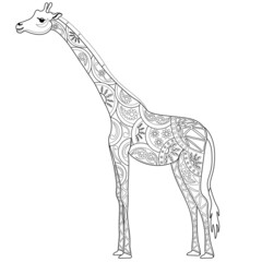 Giraffe and ornament, isolated on white background. Colouring page, colouring book, vector.