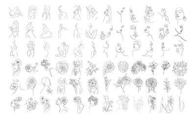 Peel and stick wall murals One line Big Set of abstract flowers and body, face in one line style.Woman beauty fashion concept. - Vector illustration