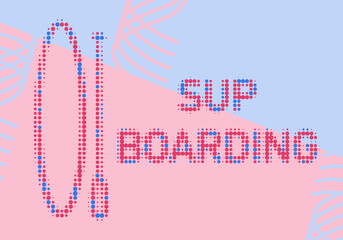 SUP board and standing paddle. Dotted icon, vector logo sport label, sticker or badge. SUP in flat design style in pink and blue.
