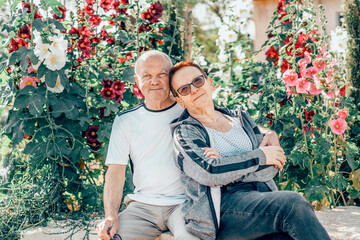 Elderly senior couple embracing in summer park. Old couple is hugging and sitting in the backyard.