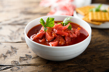 Traditional homemade beetroot soup with fresh parsley