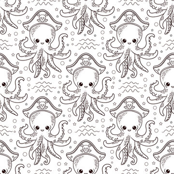 Seamless pattern with pirate octopus. Black and white.Doodle sketch style. For the design of children's wallpapers, backgrounds, wrapping paper, packaging, coloring books and so on. Vector