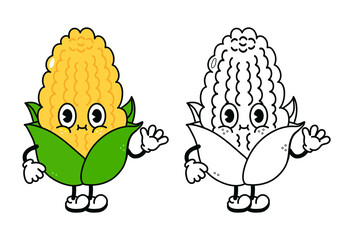 Cute funny corn waving hand character outline cartoon illustration coloring book.Vector hand drawn traditional cartoon vintage,retro, corn. Isolated on white background