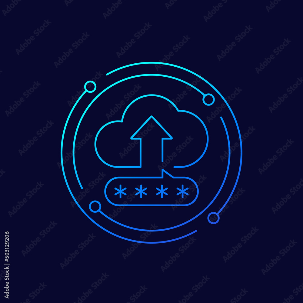 Poster upload to a secure cloud icon, linear design