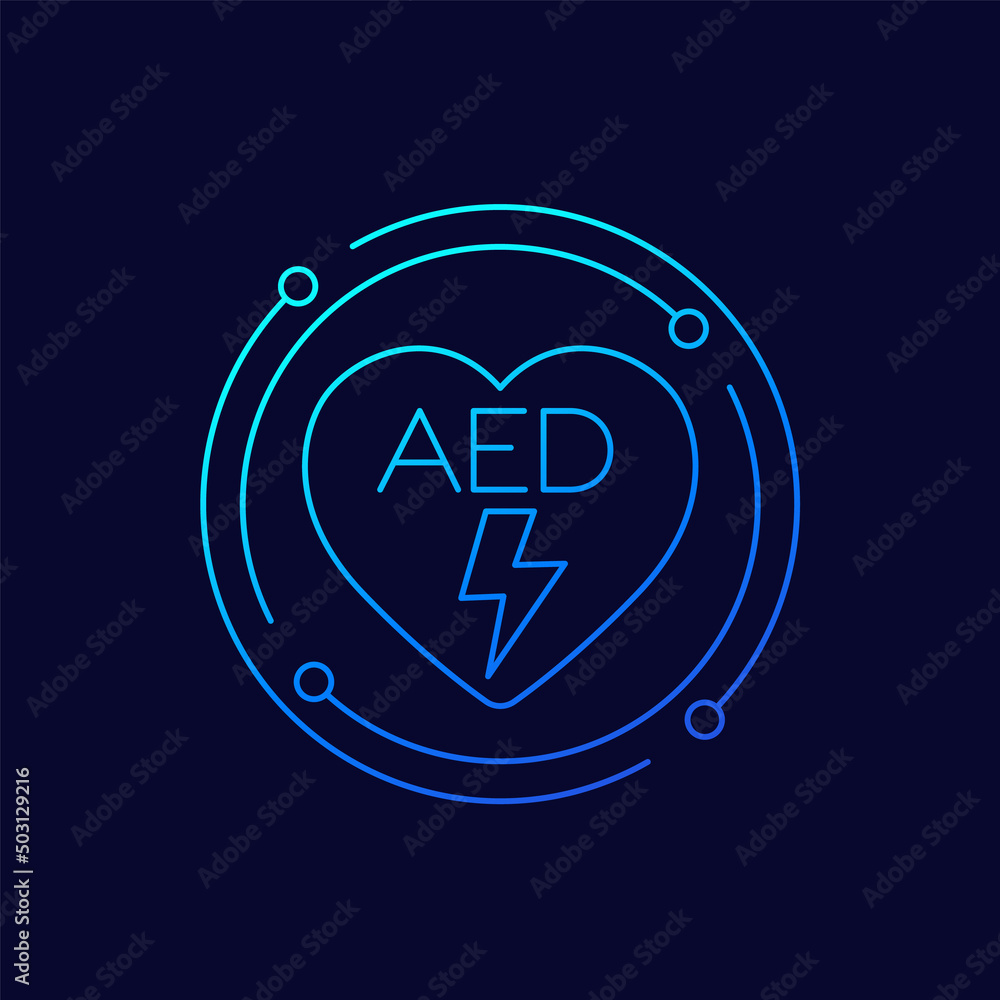 Poster AED line icon with a heart, automated external defibrillator