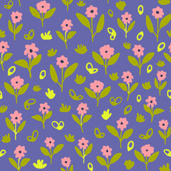 Lilac floral seamless repeat pattern. Random placed, vector flowers with leaves botanical all over surface print.